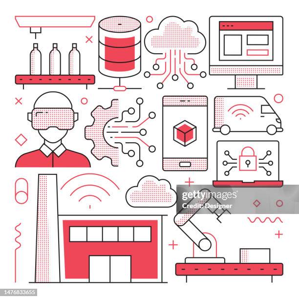industry 4.0 web banner with linear icons, trendy linear style vector - cad drawing engineering stock illustrations