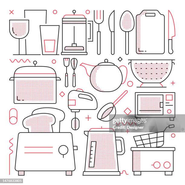 kitchen tools web banner with linear icons, trendy linear style vector - teapot stock illustrations
