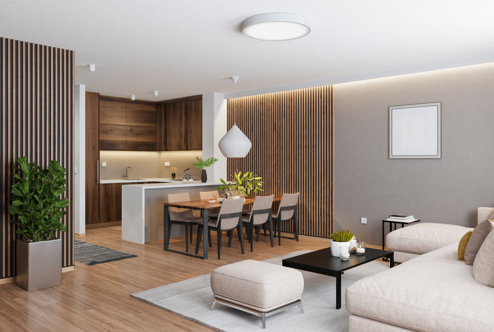 Oak wood and black Modern minimalist apartment interior. Living room with modern kitchen with island with stools. Japandi style. Oak wood and black Modern minimalist apartment interior. Living room with modern kitchen with island with stools. Japandi style.