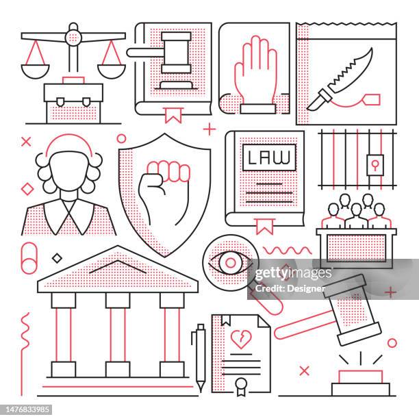 law and justice web banner with linear icons, trendy linear style vector - courtroom background stock illustrations