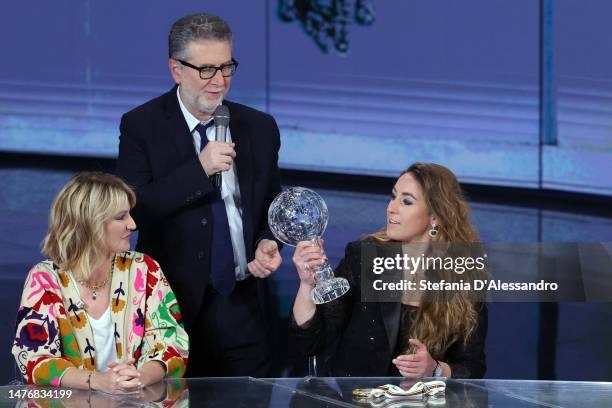 Ellen Hidding, Fabio Fazio and Sofia Goggia attend "Che Tempo Che Fa" Tv Show on March 26, 2023 in Milan, Italy.