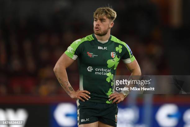 Ollie Hassell-Collins of London Irish looks on during the Gallagher Premiership Rugby match between London Irish and Northampton Saints at Gtech...