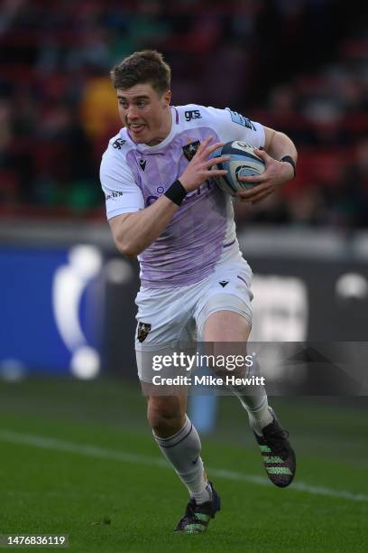 Tommy Freeman of Northampton in action during the Gallagher Premiership Rugby match between London Irish and Northampton Saints at Gtech Community...