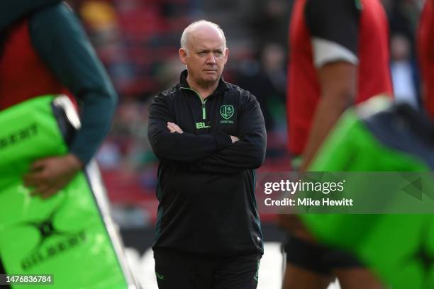 London Irish Director of Rugby Declan Kidney looks on ahead of the Gallagher Premiership Rugby match between London Irish and Northampton Saints at...