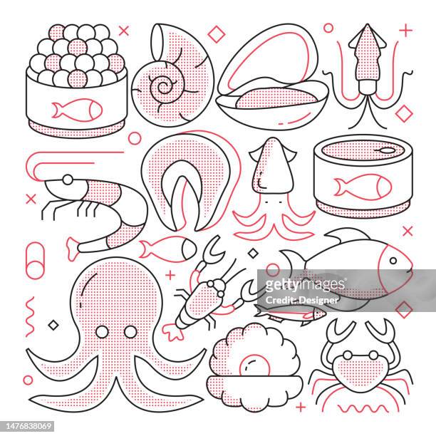 sea food web-banner mit linearen symbolen, trendiger linearer stilvektor - auster stock-grafiken, -clipart, -cartoons und -symbole