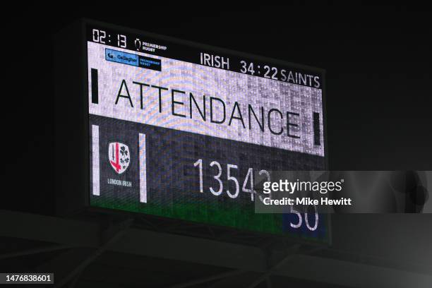 The attendance figure is shown on the big screen during the Gallagher Premiership Rugby match between London Irish and Northampton Saints at Gtech...