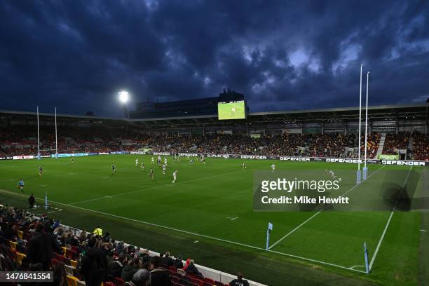 General view during the Gallagher Premiership Rugby match between London Irish and Northampton Saints at Gtech Community Stadium on March 25, 2023 in...