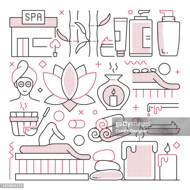 spa elements web banner with linear icons, trendy linear style vector - spa background stock illustrations
