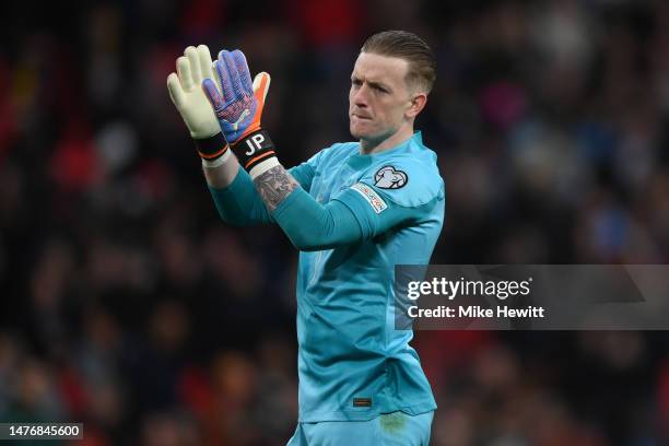 Jordan Pickford of England applauds the crowd at the end of the UEFA EURO 2024 qualifying round group C match between England and Ukraine at Wembley...