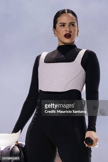 Rosalía performs live on stage during the closing day of Lollapalooza Brazil at Autodromo de Interlagos on March 26, 2023 in Sao Paulo, Brazil.
