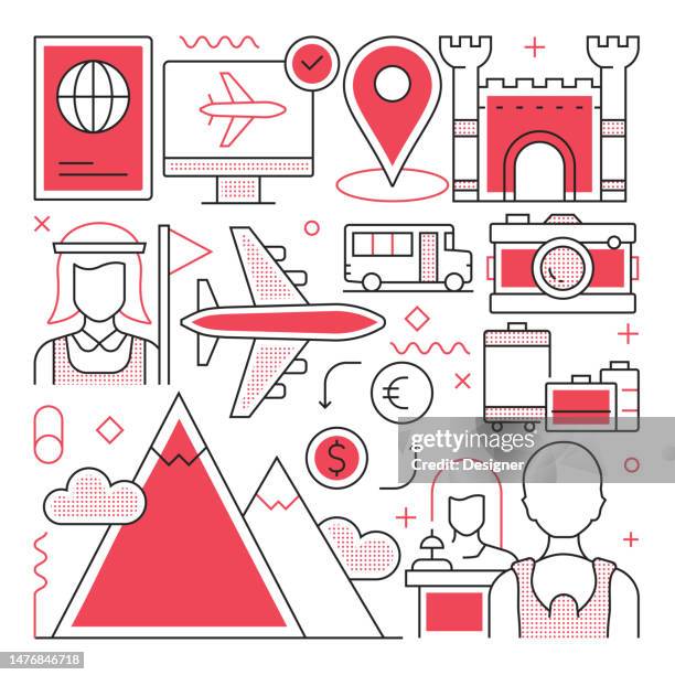 tourism and travel web banner with linear icons, trendy linear style vector - backpack city stock illustrations
