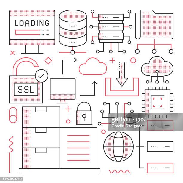 web hosting web banner with linear icons, trendy linear style vector - data center icon stock illustrations