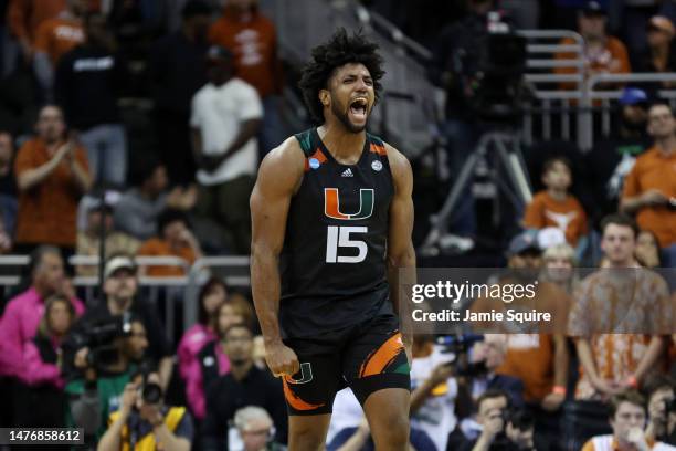 Norchad Omier of the Miami Hurricanes reacts during the second half against the Texas Longhorns in the Elite Eight round of the NCAA Men's Basketball...