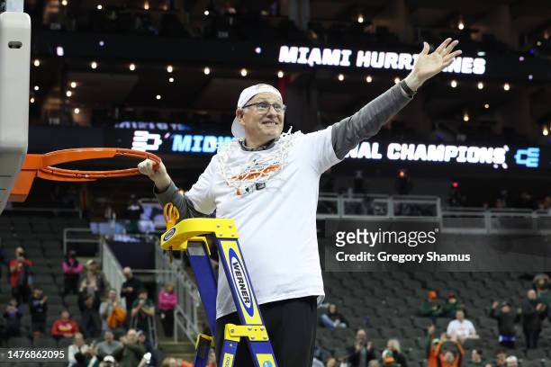 Head coach Jim Larrañaga of the Miami Hurricanes cuts the net after defeating the Texas Longhorns 88-81 in the Elite Eight round of the NCAA Men's...