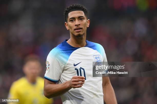 Jude Bellingham of England looks on during the UEFA EURO 2024 qualifying round group C match between England and Ukraine at Wembley Stadium on March...