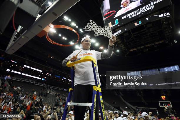 Head coach Jim Larrañaga of the Miami Hurricanes cuts the net after defeating the Texas Longhorns 88-81 in the Elite Eight round of the NCAA Men's...