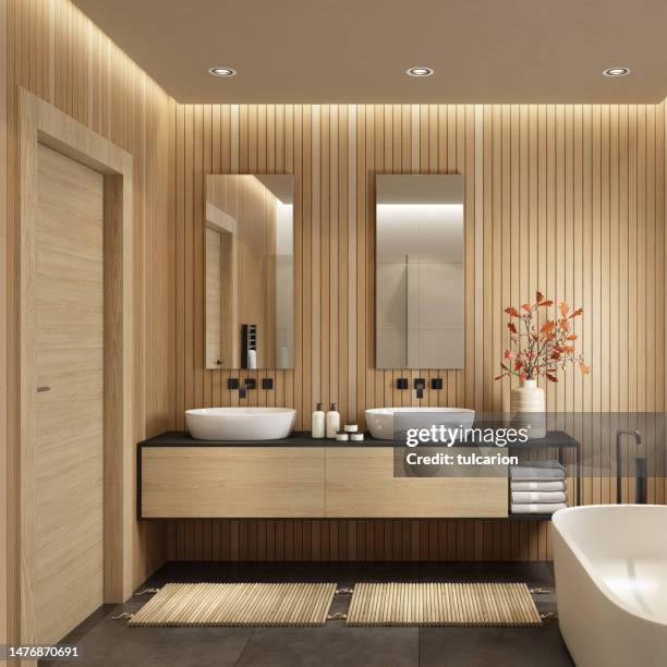 modern minimalist scandinavian bathroom - hotel bathroom stock pictures, royalty-free photos & images