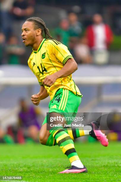 Bobby Reid of Jamaica celebrates after scoring the team's first goal during the match between Mexico and Jamaica as part of the CONCACAF Nations...