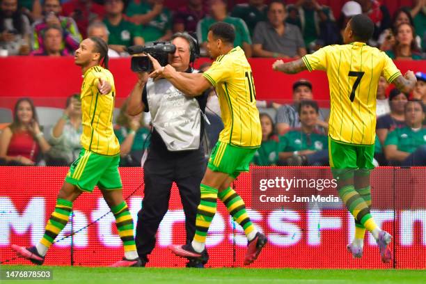 Bobby Reid of Jamaica celebrates after scoring the team's first goal during the match between Mexico and Jamaica as part of the CONCACAF Nations...