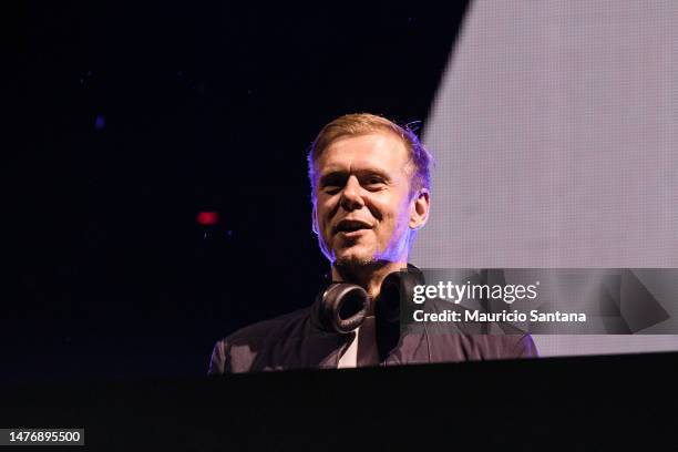 Armin van Buuren performs live on stage during the closing day of Lollapalooza Brazil at Autodromo de Interlagos on March 26, 2023 in Sao Paulo,...