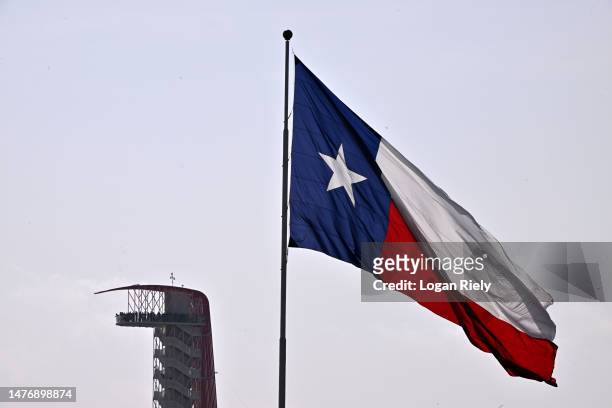 General view of the Texas state flag and signature observation tower during NASCAR Cup Series EchoPark Automotive Grand Prix at Circuit of The...