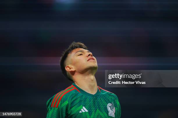 Hirving Lozano of Mexico reacts during the match between Mexico and Jamaica as part of the CONCACAF Nations League at Azteca stadium on March 26,...