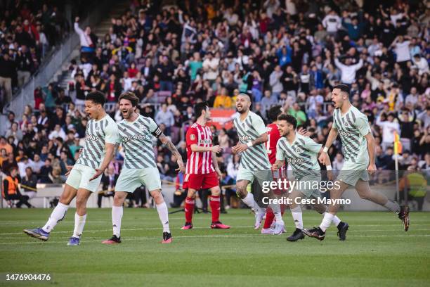 Players of Los Troncos FC celebrate a goal during Final Four of the Kings League Tournament 2023 at Spotify Camp Nou on March 26, 2023 in Barcelona,...