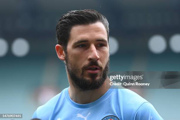 Mathew Leckie of Melbourne City speaks to the media during a media opportunity at Melbourne Cricket Ground on March 27, 2023 in Melbourne, Australia.