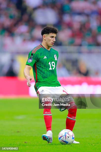 Jorge Sanchez of Mexico controls the ball during the match between Mexico and Jamaica as part of the CONCACAF Nations League at Azteca on March 26,...