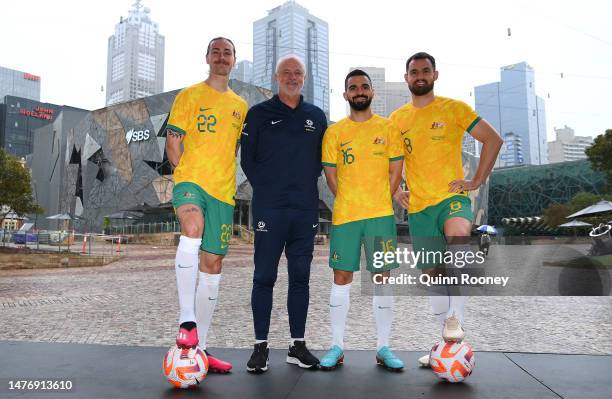 Jackson Irvine, Socceroos’ Head Coach Graham Arnold, Aziz Behich and Bailey Wright of the Socceroos pose during an Australia Socceroos Media...