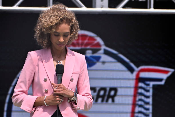 SportsCenter on ESPN anchor, Sage Steele gives the invocation prior to the NASCAR Cup Series EchoPark Automotive Grand Prix at Circuit of The...