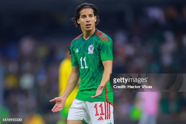 Diego Lainez of Mexico reacts during the match between Mexico and Jamaica as part of the CONCACAF Nations League at Azteca stadium on March 26, 2023...
