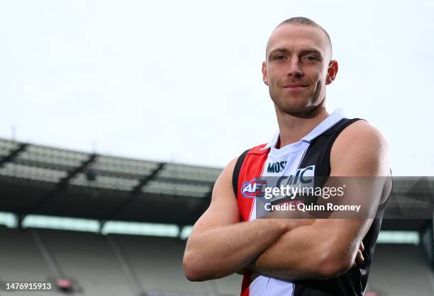 Callum Wilkie of the Saints poses during a media opportunity at Melbourne Cricket Ground on March 27, 2023 in Melbourne, Australia.