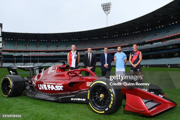 Callum Wilkie of the Saints , Simon Lethlean the CEO of the Saints, Australian Grand Prix Division Manager of Motorsport David Corrigan, Mathew...