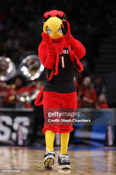 The Louisville Cardinals mascot is seen during the third quarter of the game against the Iowa Hawkeyes in the Elite Eight round of the NCAA Women's...