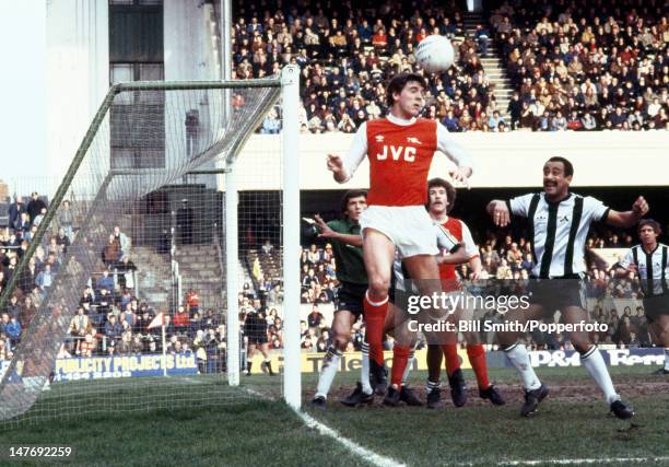 Arsenal striker Paul Vaessen heading the ball during their Division one match against Notts County at Highbury Stadium in London, 13th February 1982....