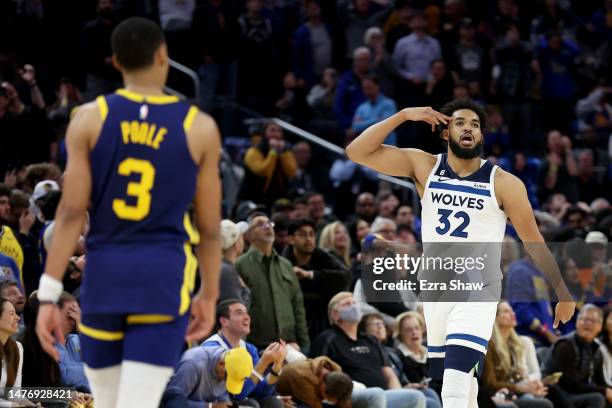 Karl-Anthony Towns of the Minnesota Timberwolves reacts after he made the game-winning shot against the Golden State Warriors at Chase Center on...