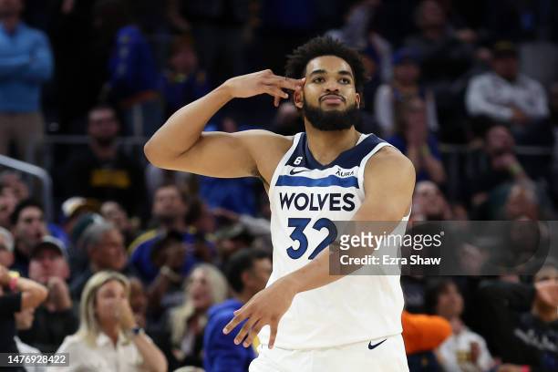 Karl-Anthony Towns of the Minnesota Timberwolves reacts after he made the game-winning shot against the Golden State Warriors at Chase Center on...