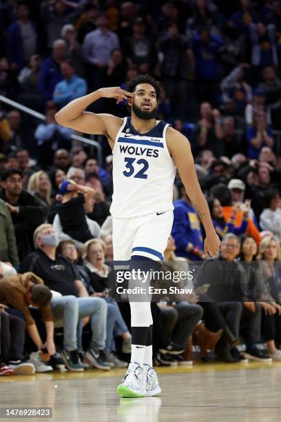 Karl-Anthony Towns of the Minnesota Timberwolves reacts after he made the game-winning shot against the Golden State Warriors at Chase Center on...