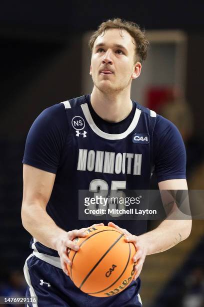 Klemen Vuga of the Monmouth Hawks during The CAA Men's Basketball Tournament- First Round game against the Hampton Pirates at the Entertainment &...