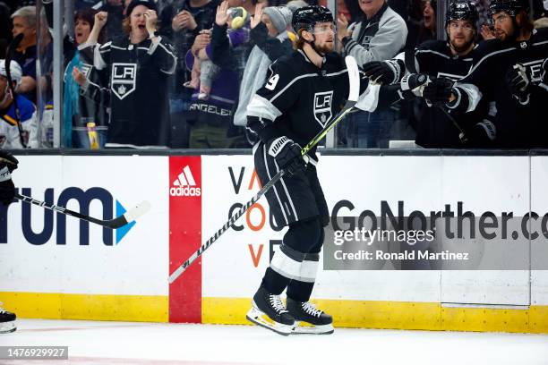 Adrian Kempe of the Los Angeles Kings celebrates a goal against the St. Louis Blues in the first period at Crypto.com Arena on March 26, 2023 in Los...