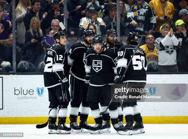 Viktor Arvidsson of the Los Angeles Kings celebrates a goal against the St. Louis Blues in the first period at Crypto.com Arena on March 26, 2023 in...