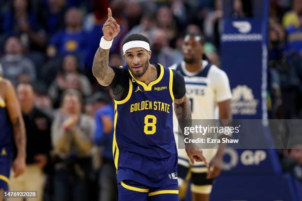 Gary Payton II of the Golden State Warriors reacts during their game against the Minnesota Timberwolves in the second half at Chase Center on March...