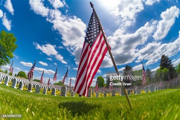 usa flags on memorial day under sunny day with blue sky - happy memorial day stock pictures, royalty-free photos & images