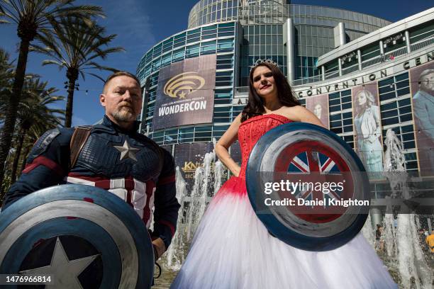 Marvel cosplayers Shawn Richter as Captain America and Lisa Lower as Princess Peggy pose at Day 3 of WonderCon 2023 at Anaheim Convention Center on...