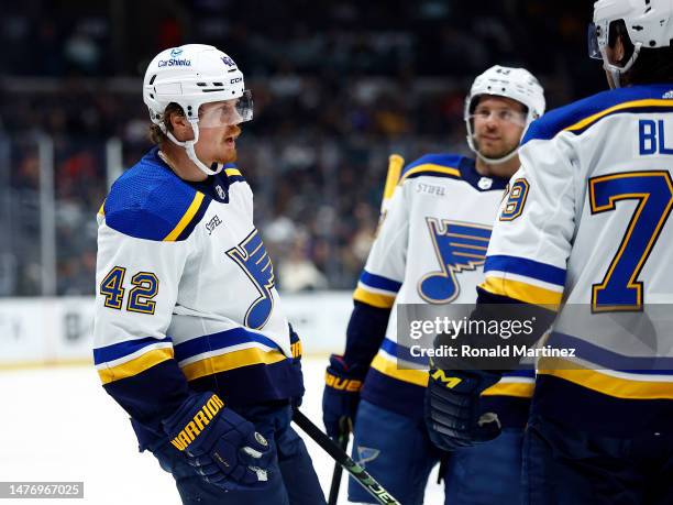 Kasperi Kapanen of the St. Louis Blues celebrates a goal against the Los Angeles Kings in the third period at Crypto.com Arena on March 26, 2023 in...