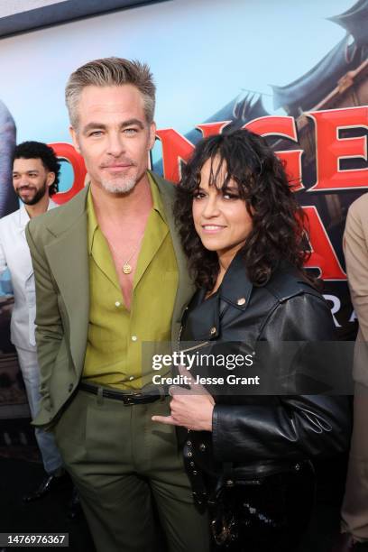 Chris Pine and Michelle Rodriguez attend the Los Angeles Premiere of Paramount Pictures' and eOne's "Dungeons & Dragons: Honor Among Thieves" at the...