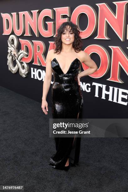 Michelle Rodriguez attends the Los Angeles Premiere of Paramount Pictures' and eOne's "Dungeons & Dragons: Honor Among Thieves" at the Regency...