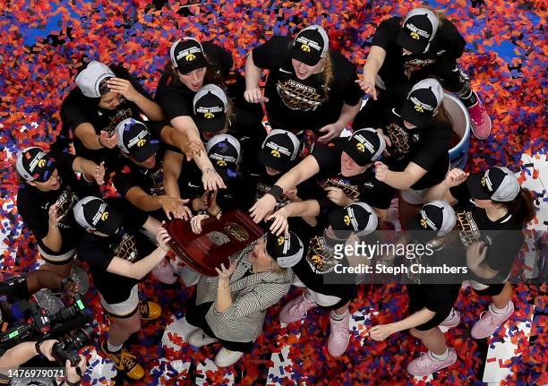 Head coach Lisa Bluder of the Iowa Hawkeyes celebrates after beating Louisville Cardinals after defeating the Louisville Cardinals 97-83 in the Elite...