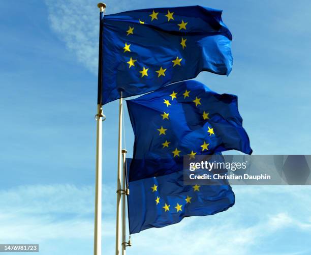 european union flags. - strasbourg eu stock pictures, royalty-free photos & images